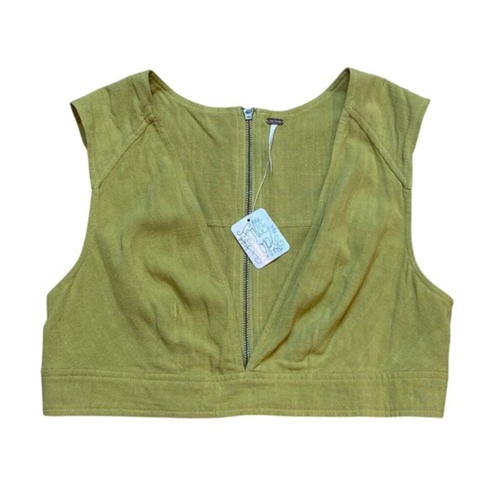 FREE PEOPLE Olive Green‎ Linen Sleeveless Zip-Front Crop Top Size 10 NWT $148.00